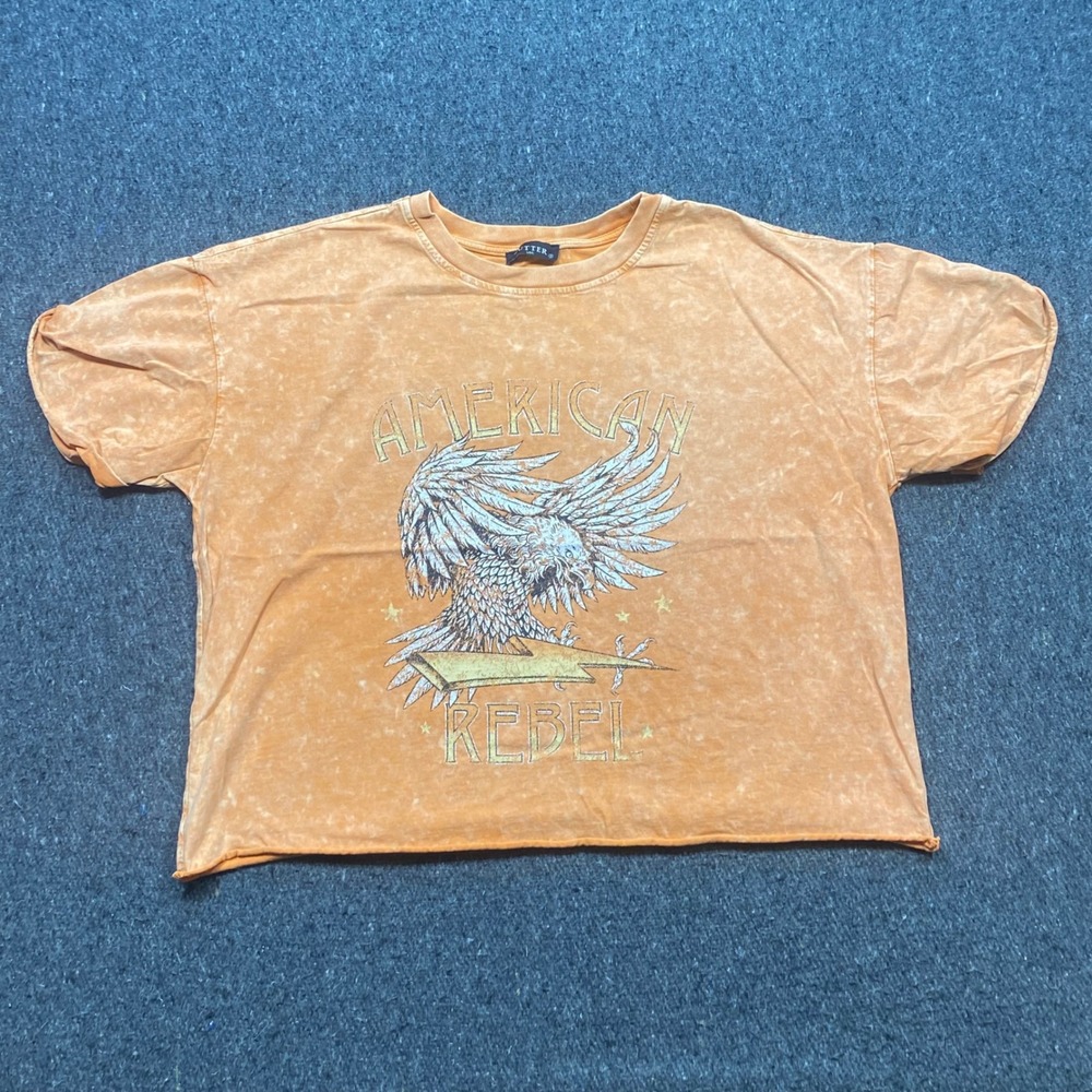Zutter American Rebel TShirt Sz S Womens Orange Skater Grunge Eagle Graphic Crop